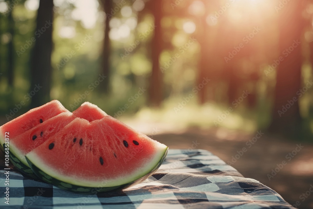 Poster freshly sliced watermelon on checkered tablecloth in beautiful summer forest setting with soft sunli