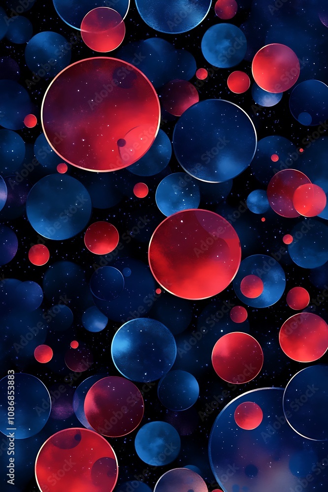 Poster abstract design featuring vibrant red and blue spheres floating in a dark background, creating an en