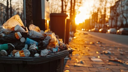 Piles of garbage and bins on city sidewalk with golden sunset light urban waste problem and community environmental challenges