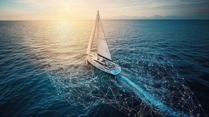 A sleek yacht sails across tranquil waters, with a vibrant display showcasing satellite location data as the sun sets.