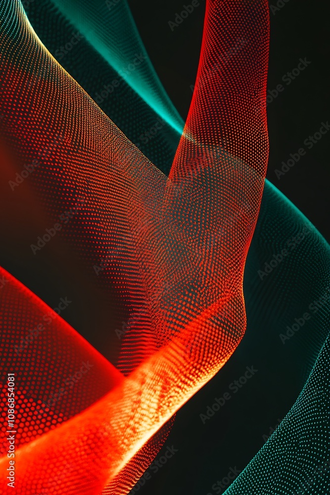 Poster abstract digital art design featuring flowing mesh wave patterns in vibrant red and teal colors agai