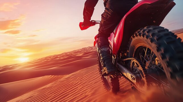 Quad bike in midjump over desert dunes flying debris and vibrant sunset highlighting thrilling offroad racing and adventure sports