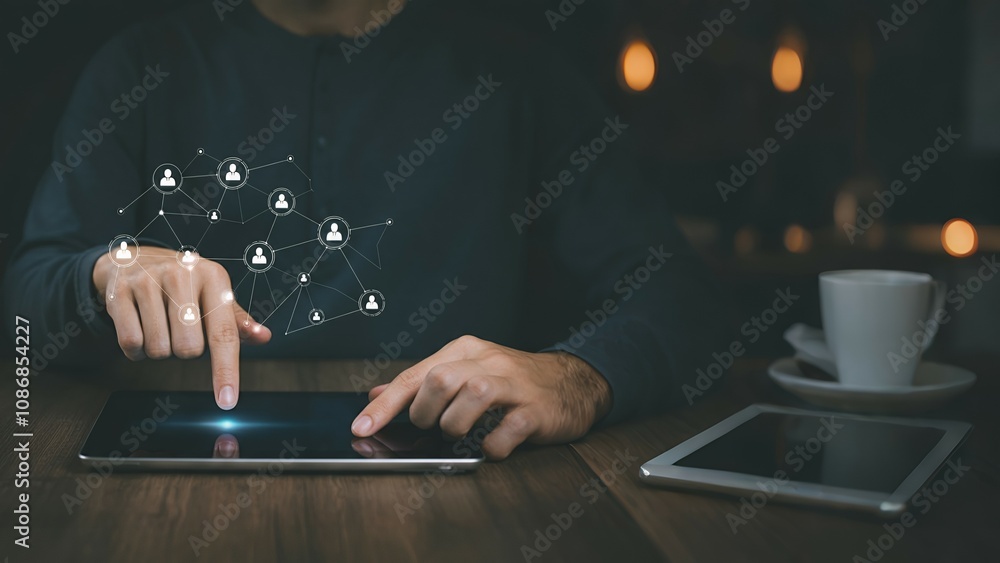 Poster person using a tablet with digital network graphics hovering above, coffee cup and second tablet asi
