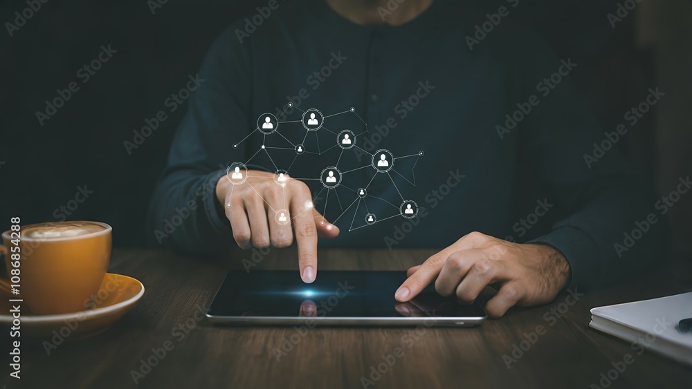 Poster person using a tablet with futuristic holographic interface, sitting at a dark table with a coffee c