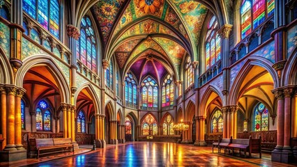 Fototapeta premium Majestic Interior of an Old Cathedral with Sunlight Streaming through Stained Glass Windows and Intricate Architectural Details in a Peaceful Atmosphere