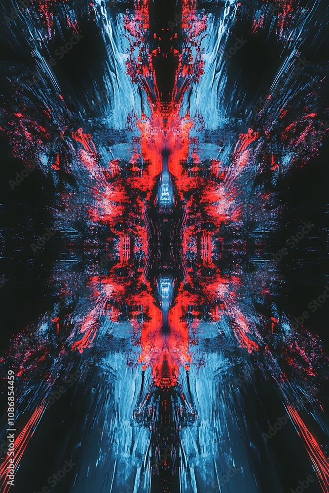 Poster abstract digital art in vivid red and blue colors with symmetrical patterns reflecting light and cre