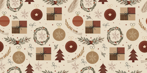 Rustic Farmcore Christmas Seamless Pattern with Ornaments, Gifts, Wreaths, Wheat, and Pine Branches in Earthy Tones – Perfect for Festive Holiday Wrapping and Decorations