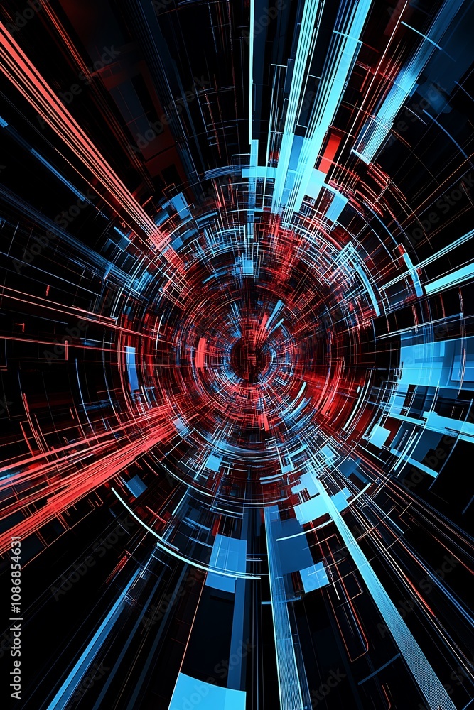 Poster abstract digital art representing futuristic technology with red and blue lines intersecting in a sp