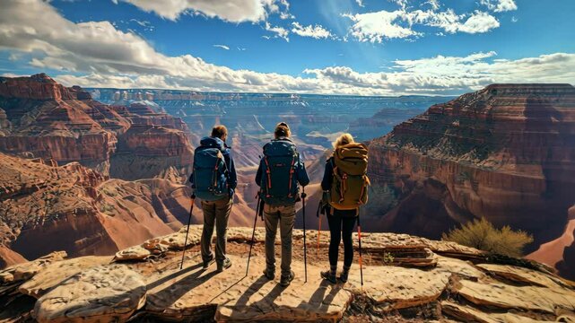 Three people doing backpack trip in the grand canyon - Friendship, holiday and travel - Models by AI generative
