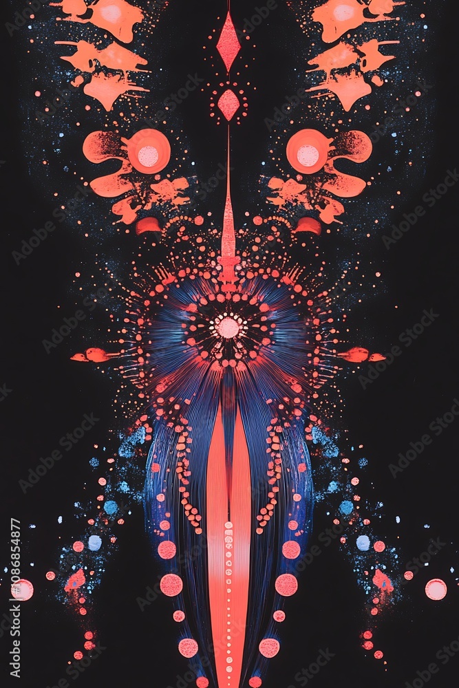 Poster abstract digital artwork featuring vibrant red and blue patterns with intricate lines and shapes set