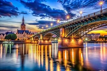 Obraz premium Majestic Night View of Passerelle des Deux Rives Bridge Illuminated by Lights Over the Rhine River, Connecting Germany and France, Capturing the Essence of Urban Architecture and Serenity