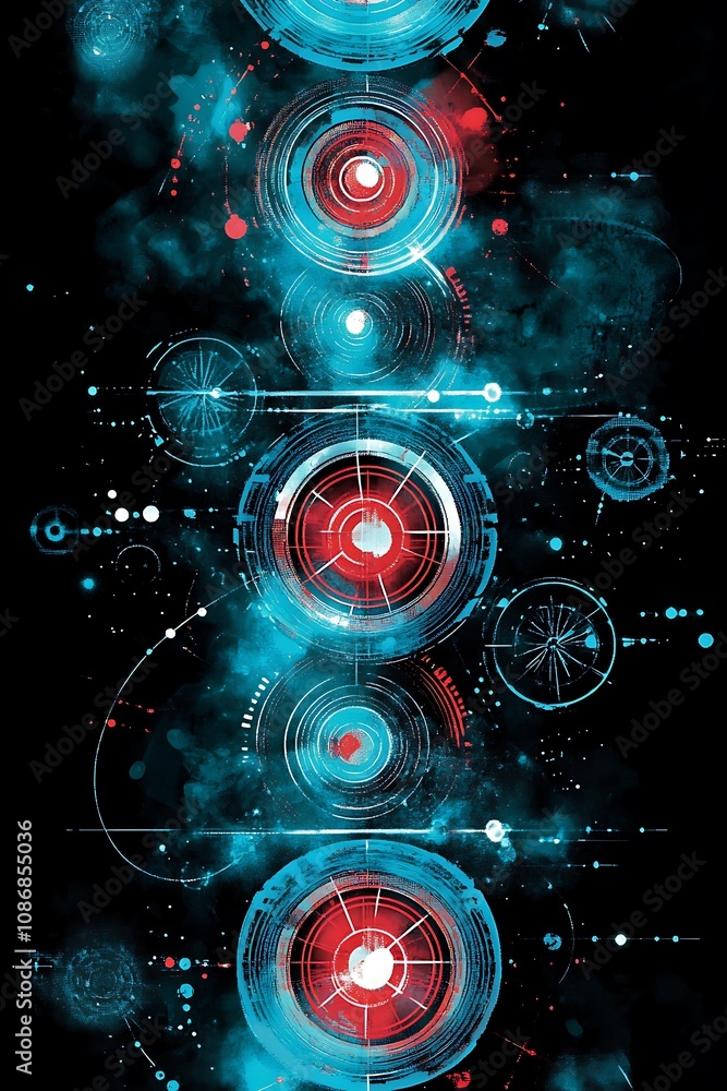 Poster abstract digital background featuring circular shapes and vivid red and blue colors on a dark backdr