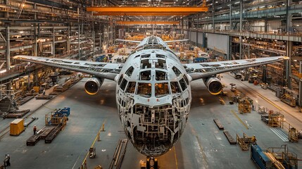 Airplane under construction in a large factory.