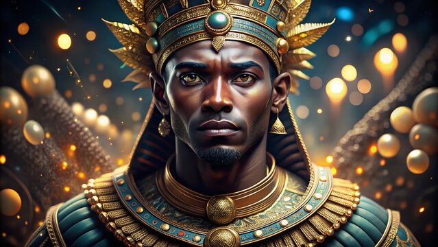 Majestic Representation of Taharqa Surrounded by a Dreamy Bokeh Effect, Evoking Ancient Majesty and Mystique in a Softly Lit Environment with Rich Colors and Textures