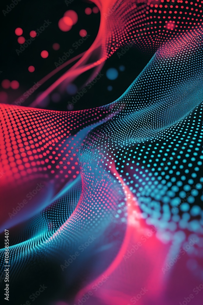 Poster abstract digital background with colorful dots and waves, featuring vivid pink and blue patterns, id