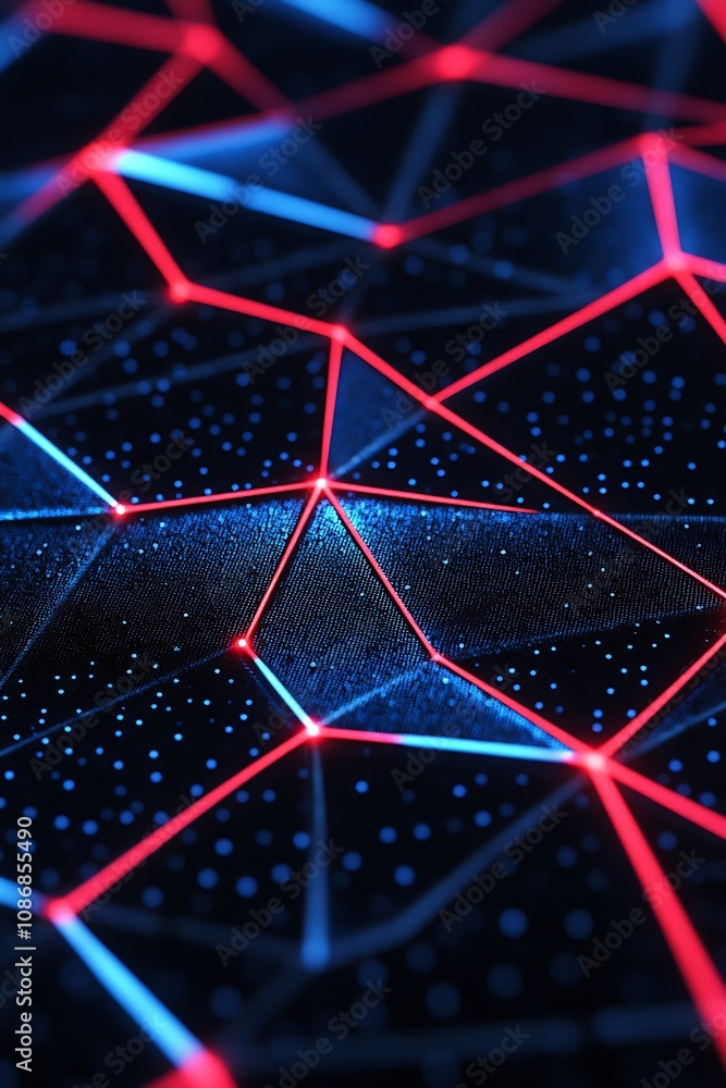 Poster abstract digital background with geometric patterns, blue and red lines, and sparkling dots creating