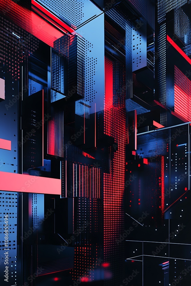 Poster abstract digital background with geometric shapes, red and black color scheme, futuristic lines and 
