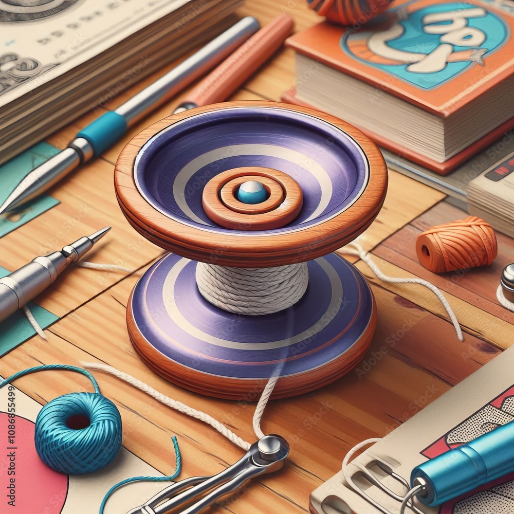 Aufkleber yo yo toy consisting of a spool attached to a string for perform