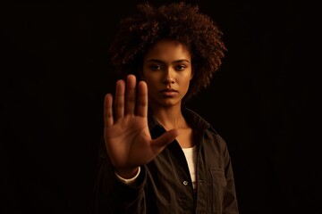 Serious strong young African American woman shows stop gesture saying no to violence, sexual harassment, femicide, racism, discrimination and hate crime based on gender or skin color