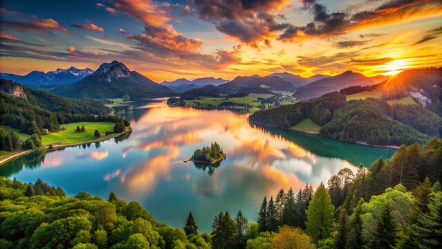 Majestic Sunset Over Pannhlzer bei Hinterstein: A Tranquil Alpine Landscape with Vibrant Colors Reflecting on Serene Waters and Lush Greenery