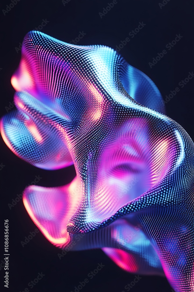 Poster abstract digital wave form with colorful lighting effects, creating a fluid shape that evokes motion