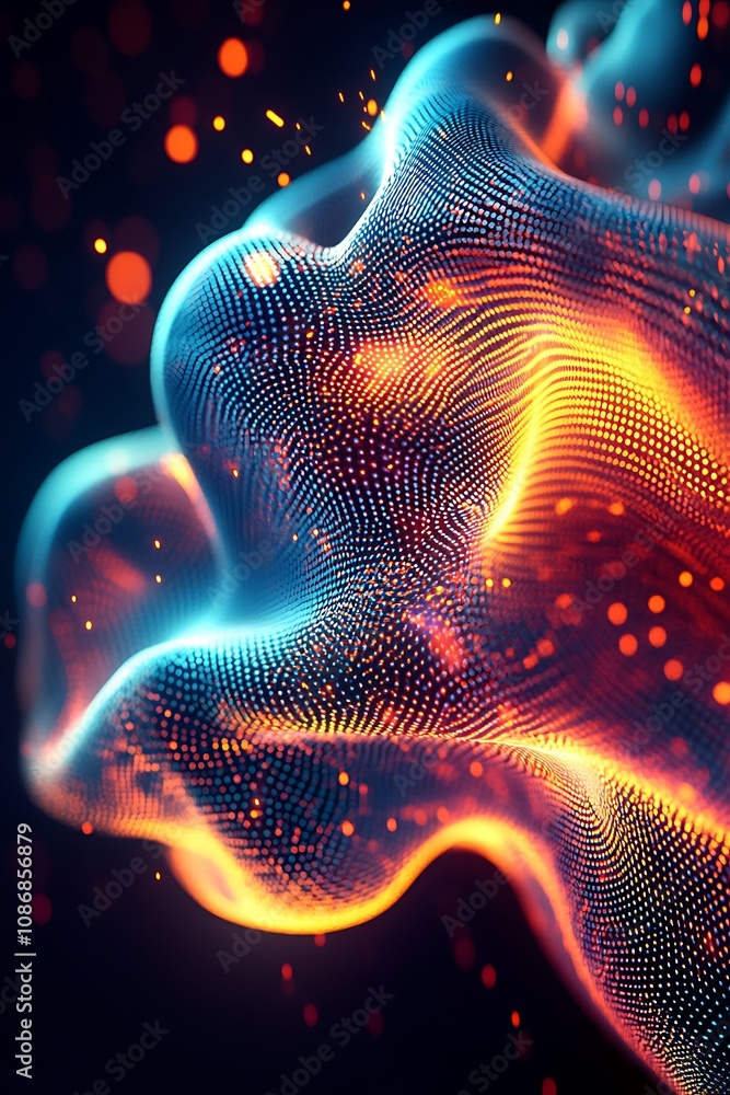 Poster abstract digital wave with glowing particles in vibrant colors creating a mesmerizing visual effect 