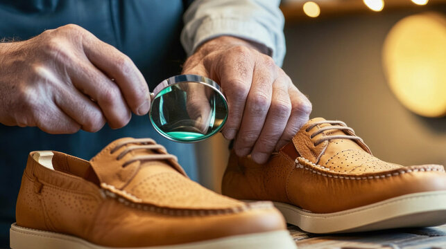 Shoemaker inspecting quality of handmade leather shoes with magnifying glass