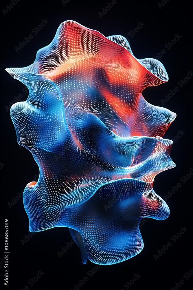 Poster abstract digital waves in blue and red tones creating a fluid and dynamic visual effect with illumin
