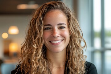 Fototapeta premium Smiling Young Woman with Curly Hair in Modern Office Setting, Radiating Confidence and Approachability in Professional Environment
