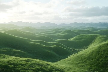 Obraz premium Lush green hills under a bright sky, creating a serene landscape.