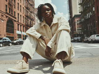 A person in a stylish outfit confidently poses in a bustling urban setting, symbolizing youth, energy, and the influence of contemporary street fashion trends.