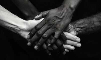 Manos unidas de personas de diferentes etnias en blanco y negro.