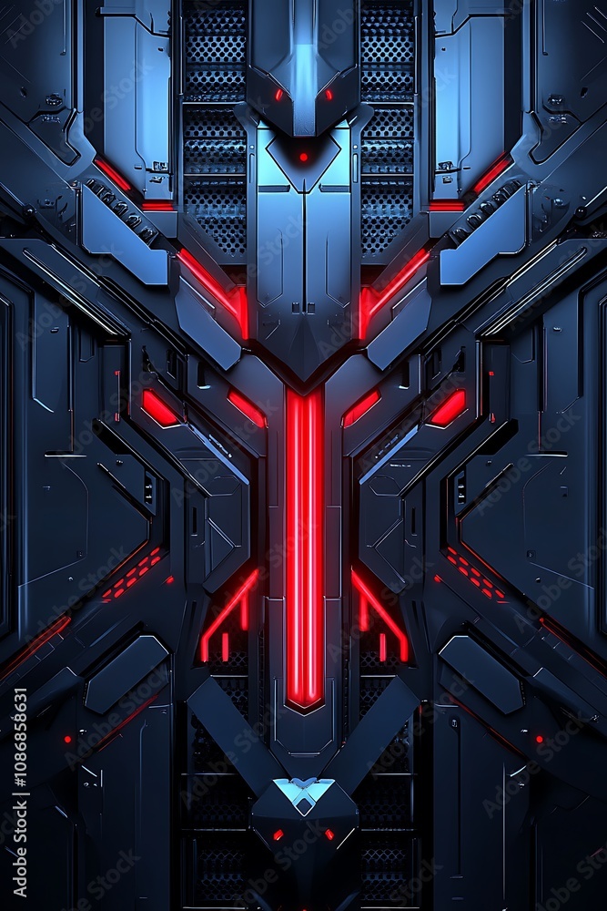Poster abstract futuristic background with glowing neon elements, metallic panels, and intricate designs in