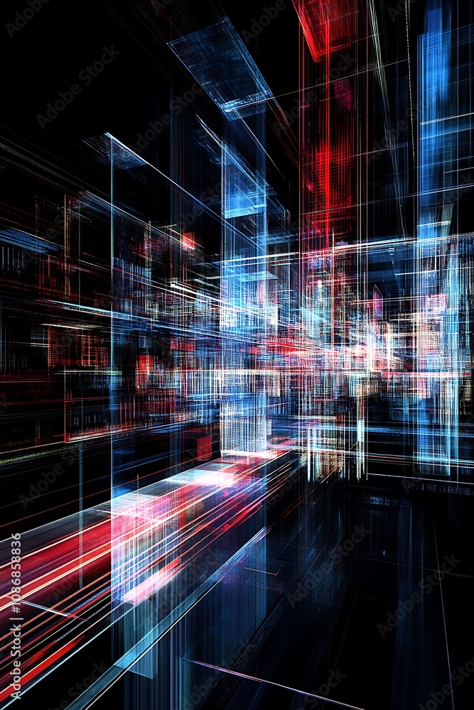 Poster abstract futuristic data stream with vibrant neon lights and geometric shapes creating a dynamic and