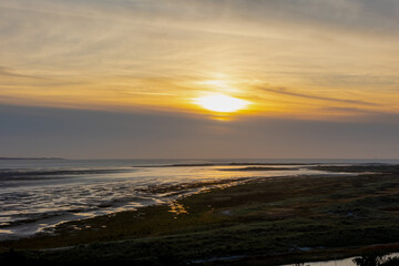 Landscape view of dunes in evening with golden sunlight during the sunset, Marshland and sand dike on the Dutch Wadden Sea island Terschelling, A municipality and an island in Friesland, Netherlands.