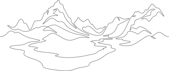 Continuous one line drawing mountain landscape. Panorama of high mountains and mountain river. Nature.  One continuous line isolated minimal illustration.Not AI.