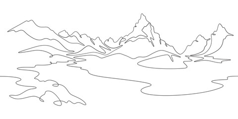 Fototapeta premium Continuous one line drawing mountain landscape. Panorama of high mountains and mountain river. Nature. One continuous line isolated minimal illustration.Not AI.