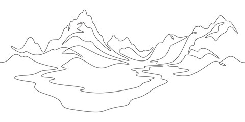 Continuous one line drawing mountain landscape. Panorama of high mountains and mountain river. Nature.  One continuous line isolated minimal illustration.Not AI.