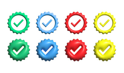 3D Check Mark Badges, Approval Icons, Verified, Guarantee, Quality Control, Colorful, Red, Blue, Green, Yellow, Isolated, Black Background