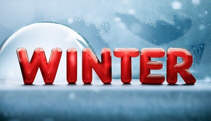 スノードームのガラス質の中に浮かぶ赤い「WINTER」の文字、雪の舞い散る美しい冬のシーン
