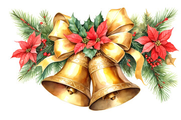 Watercolor golden bells with fir branches, ribbons, pine cones and poinsettia flowers on white background