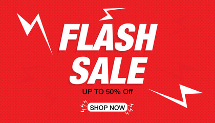 Red flash sale banner with bold white text, jagged lightning bolt accents, dotted texture background, and "Shop Now" button. Eye-catching design for promotional offers.