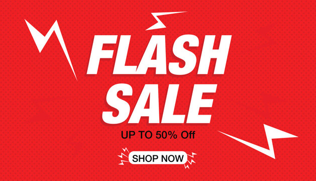 Red flash sale banner with bold white text, jagged lightning bolt accents, dotted texture background, and "Shop Now" button. Eye-catching design for promotional offers.
