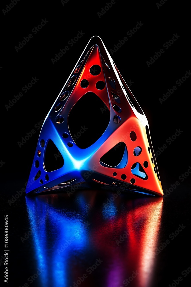Poster abstract geometric shape illuminated with vibrant colors on a reflective surface, showcasing a moder