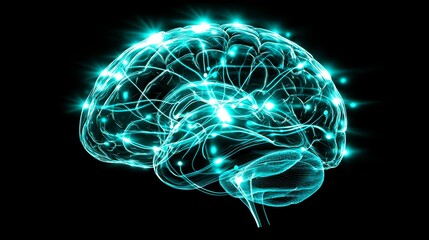 Human brain hologram, x-ray overlay with glowing neural circuits, blue and green hues