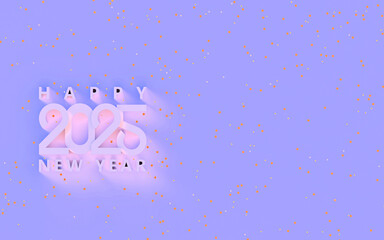 Happy new year 2025; simple glitter geometric text on light purple background with copy space and confetti, 3d rendering, 3d illustration
