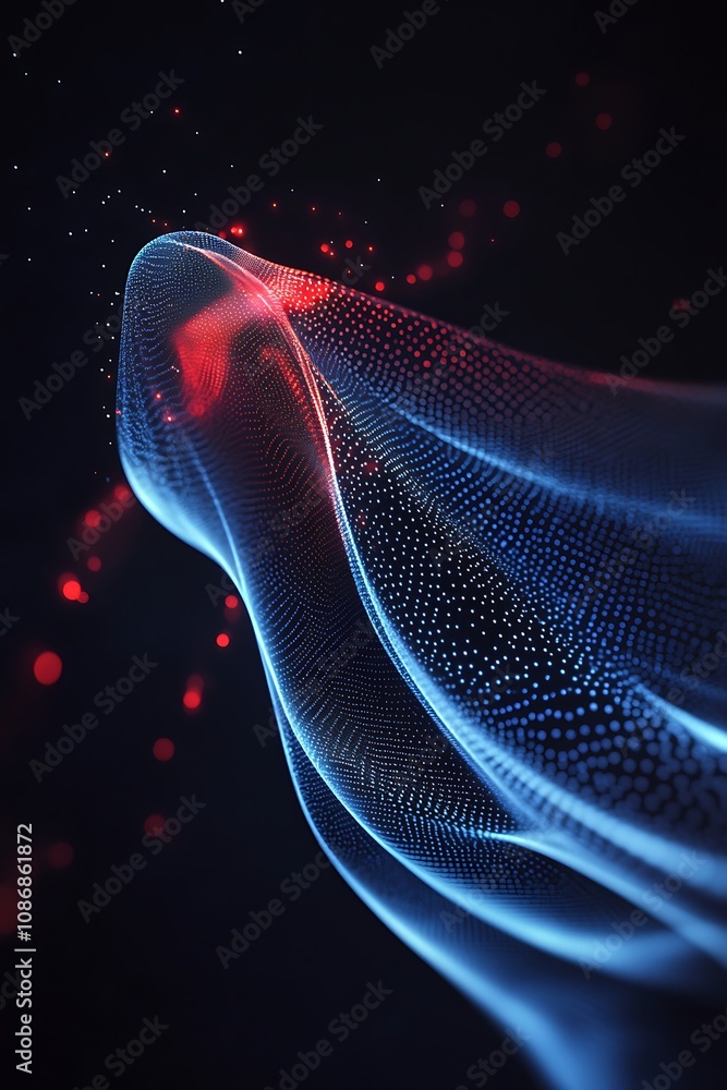 Poster abstract light waves in red and blue tones creating a dynamic visual composition in a dark backgroun
