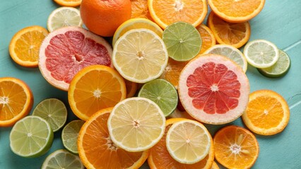 Obraz premium Vibrant Fresh Citrus Fruits Sliced and Stacked for a Colorful Display - Aerial Drone Photography of Oranges, Lemons, Limes, and Grapefruits for Food and Health Imagery