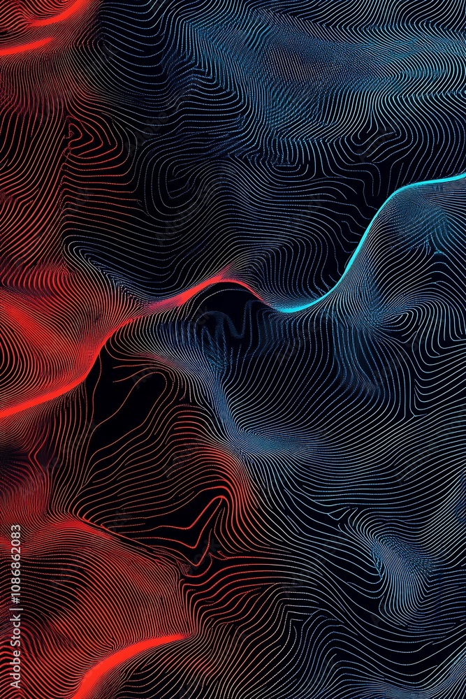 Poster abstract line art background with flowing waves in red and blue shades, creating a futuristic and dy