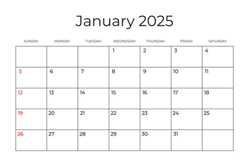 Printable Monthly Calendar template for January 2025. Week Starts on SUNDAY. Wall Calendar in a Minimalist Style. Simple and clean design. Vector illustration
